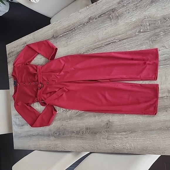 Asos Design Long Sleeve Button Front Belted Corduroy Jumpsuit in Burnt Red - Picture 5 of 11